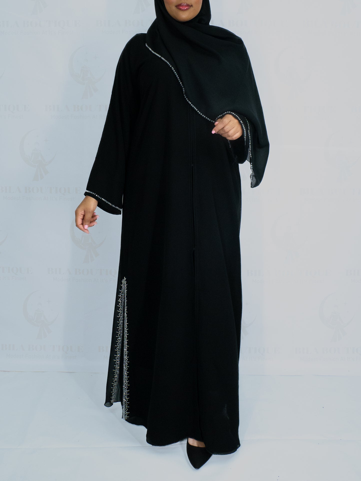 Black Slit Beaded Abaya