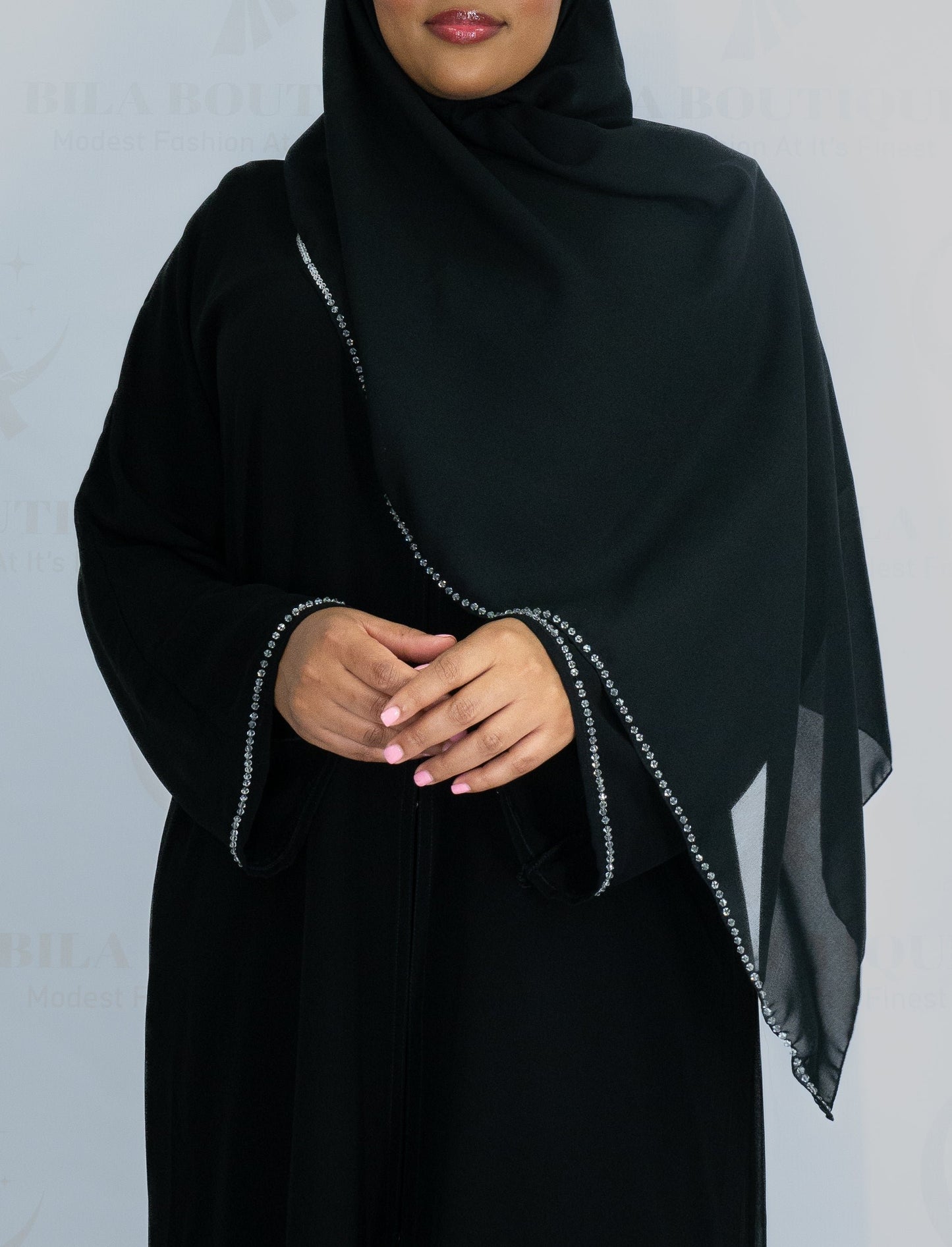 Black Slit Beaded Abaya