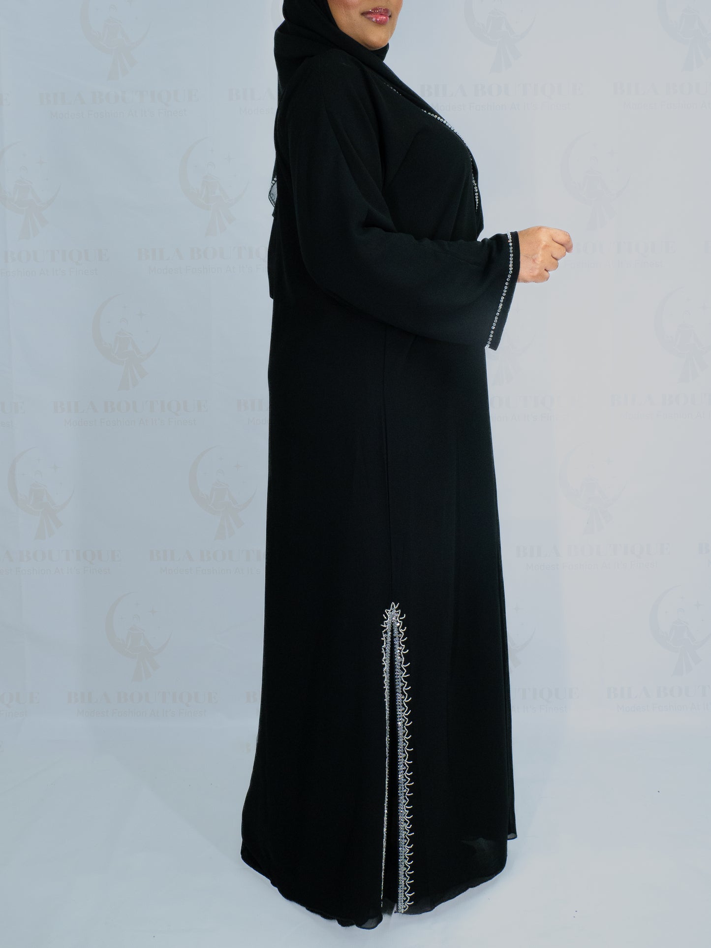 Black Slit Beaded Abaya