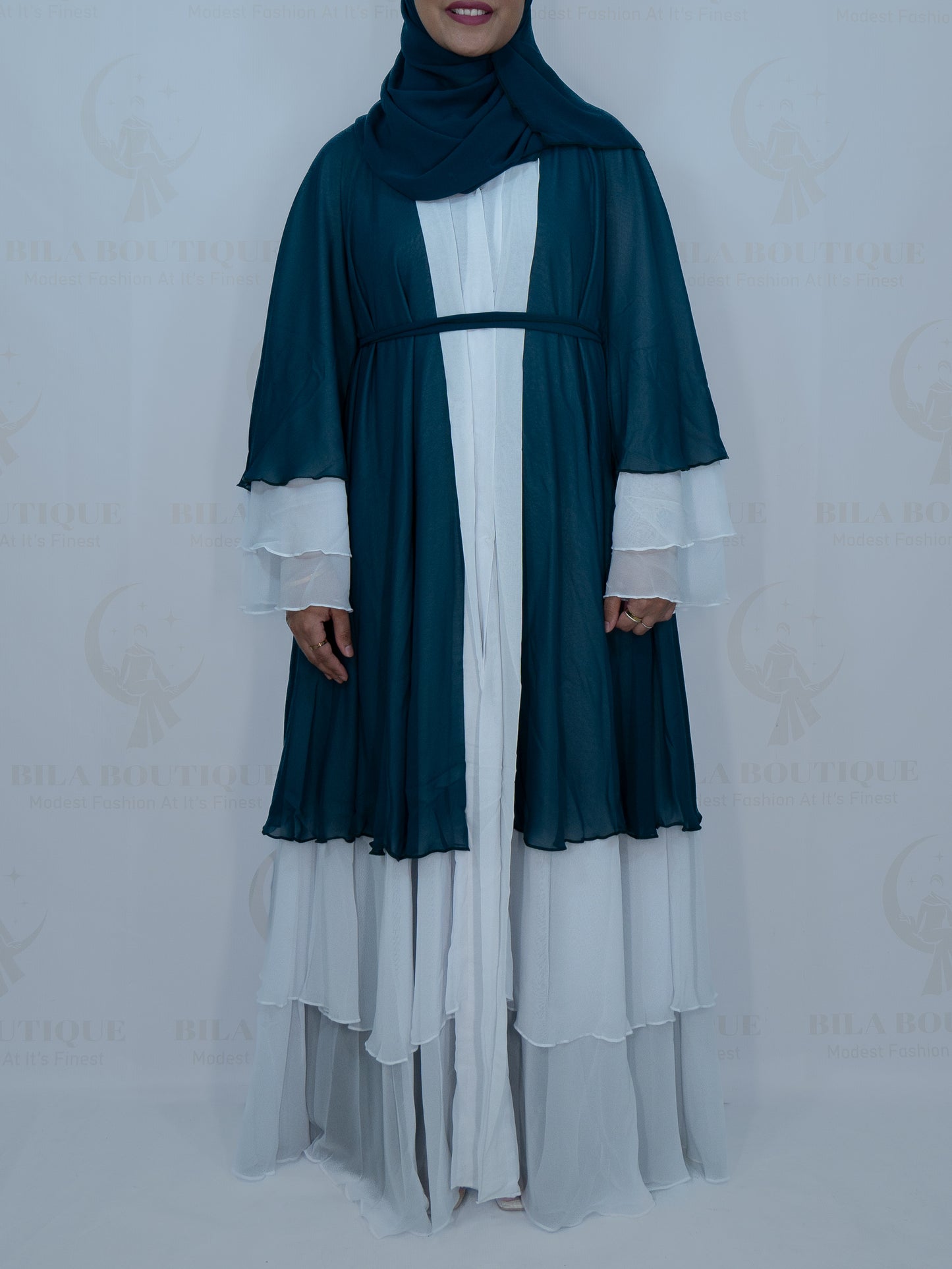 Teal White Layered Abaya