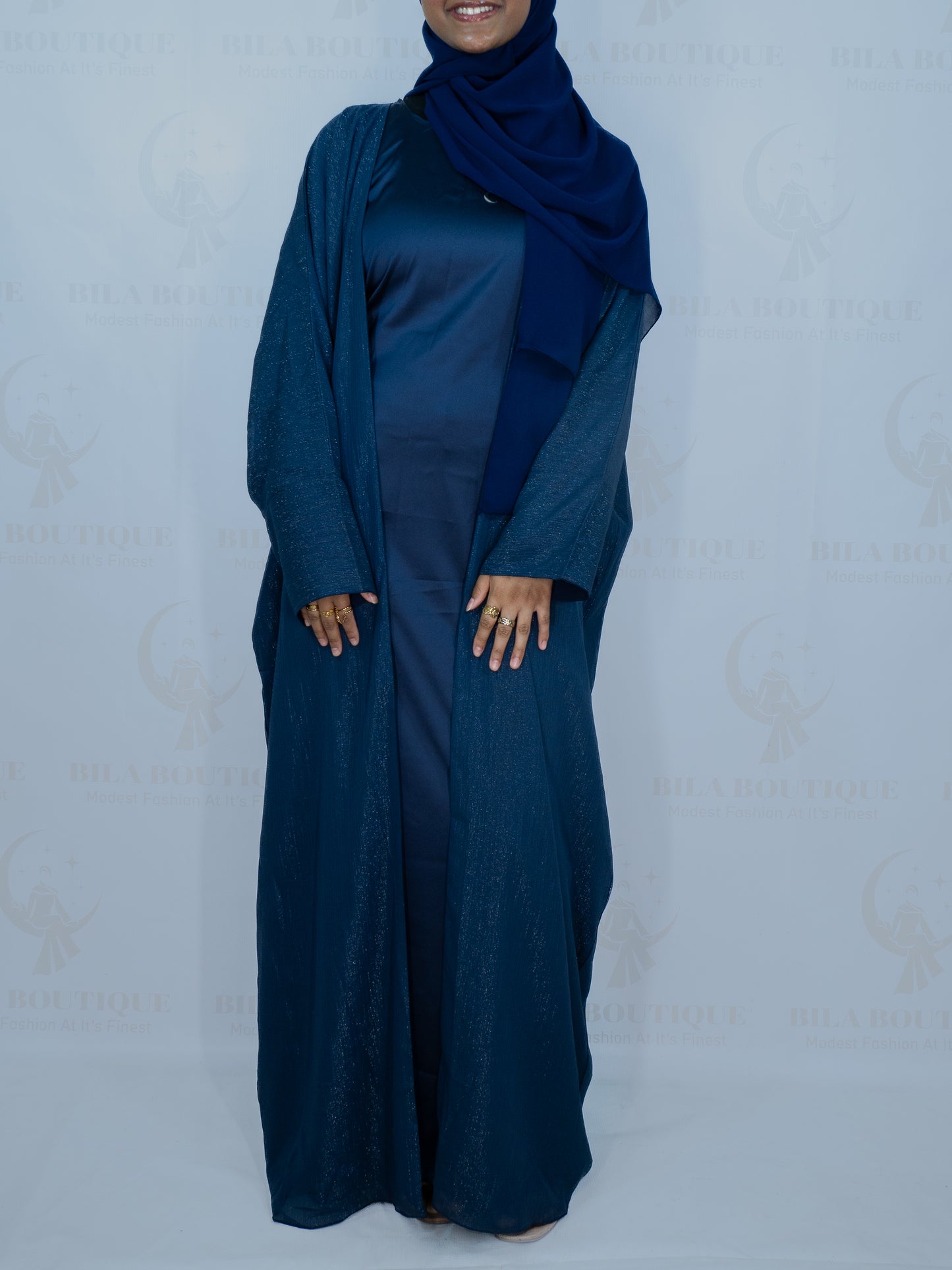 Navy Blue Organza Two Piece Open Abaya