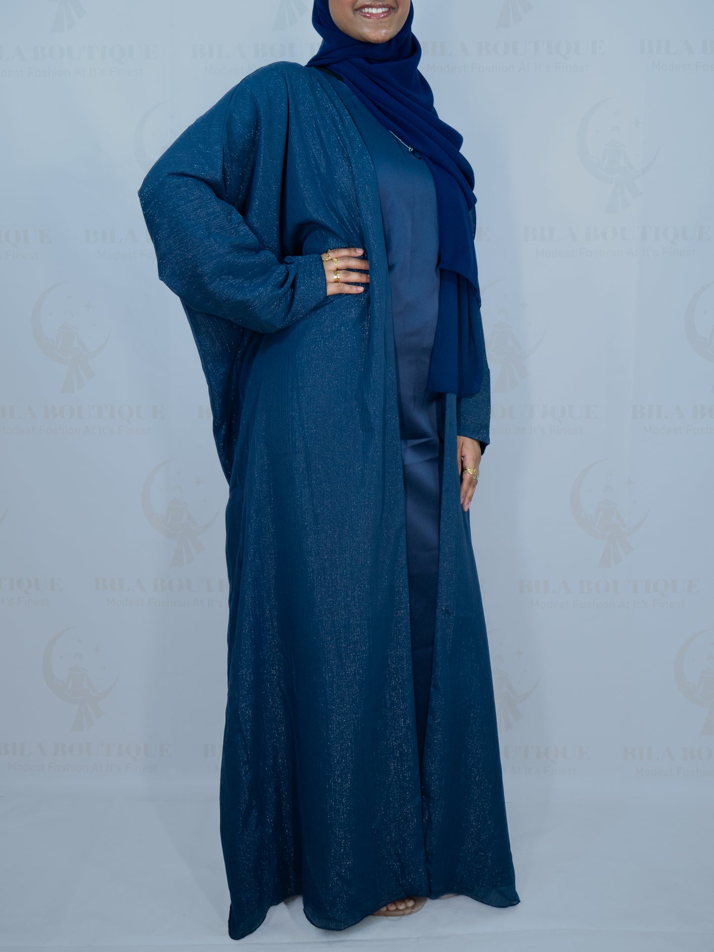 Navy Blue Organza Two Piece Open Abaya