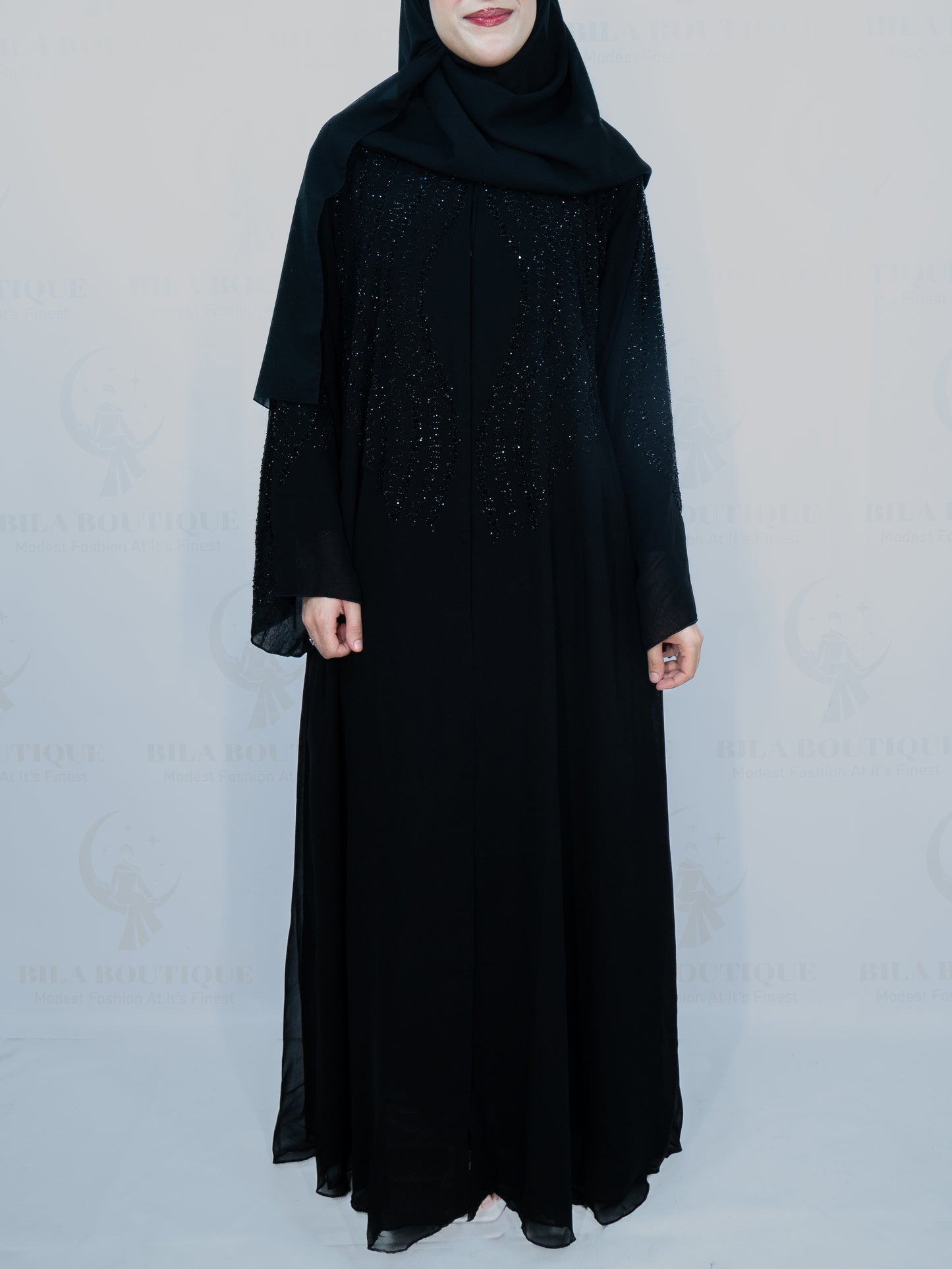 Black Tight Wavy Gemmed Abaya