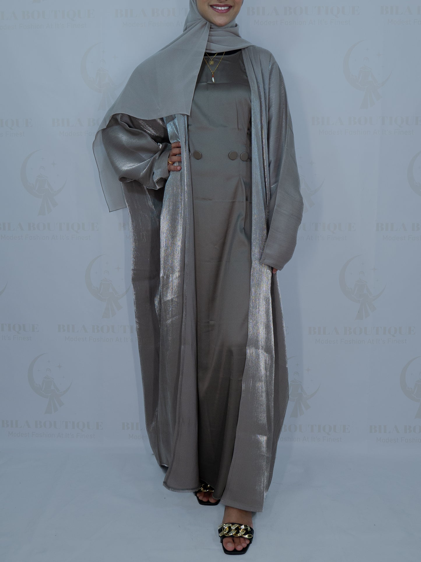 Light Brown Organza Two Piece Open Abaya